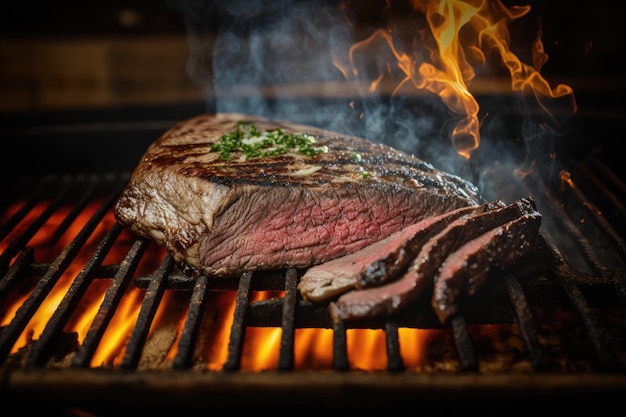 Flank steak on grill sizzling and flavorful