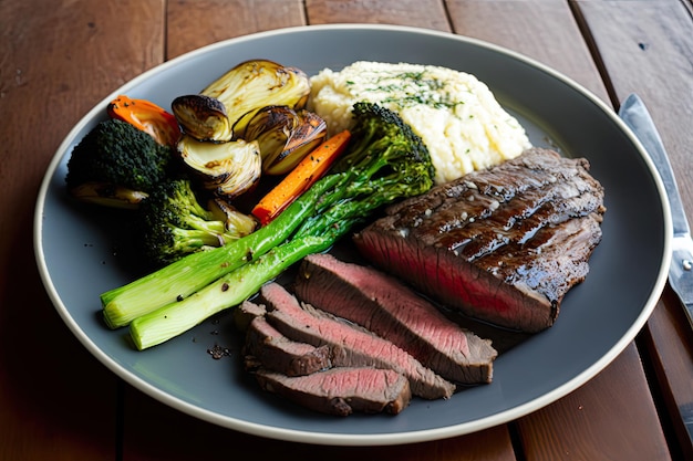 Flank steak grilled to an exterior char and interior juiciness with side of vegetables
