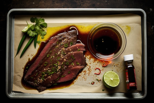 Flank steak marinated in garlic ginger and soy sauce before being grilled