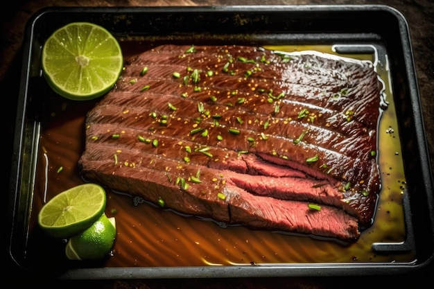 Flank steak marinated in zesty sauce and ready for grilling
