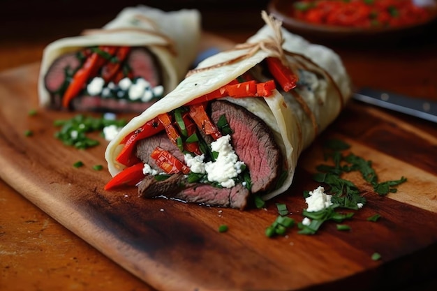 Flank steak rollup with roasted red peppers and goat cheese