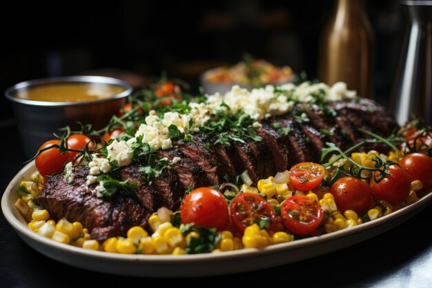 Flank steak served with corn Generative AI