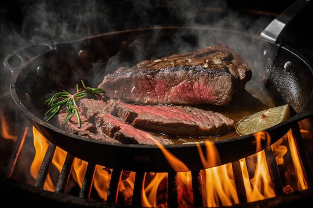 Flank steak sissend in hete koekenpan klaar om te worden gekookt