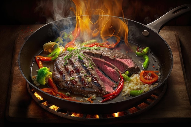 Flank steak sizzling in hot skillet ready to be cooked