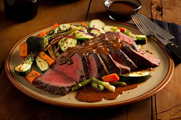 Flank steak with bbq sauce and grilled vegetables