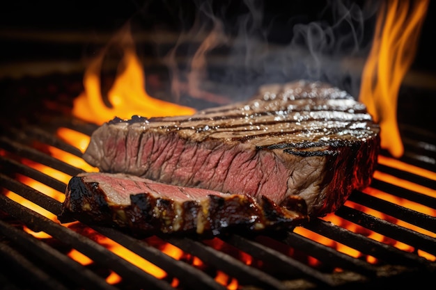 Flankbiefstuk op de grill schroeiend en aan één kant verkoold