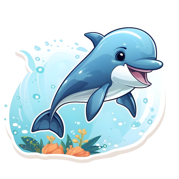 Photo flash card illustration of cute cartoon dolphin fish