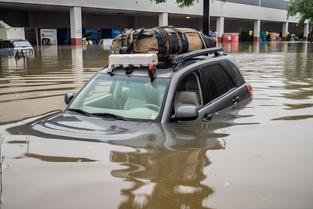 Внезапное наводнение уносит автомобиль под воду, и над водой видна только его крыша