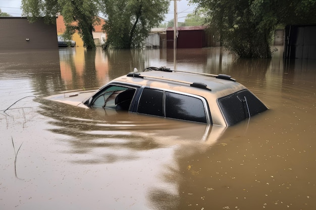 Внезапное наводнение уносит автомобиль под воду, и над водой видна только его крыша