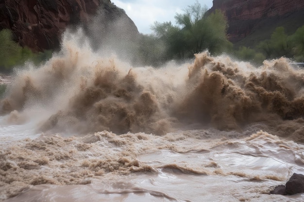 Flash flood roars down a canyon carrying debris and forming powerful current