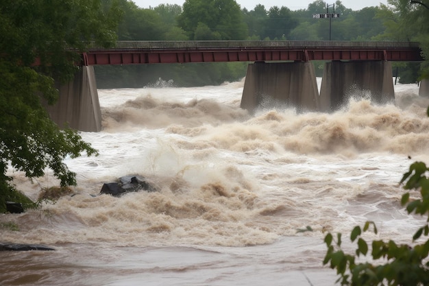 Внезапное наводнение пронеслось мимо моста, уровень воды поднялся и угрожает обрушить конструкцию.