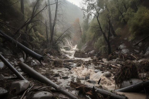 Flash flood rushing down a mountain side with debris and fallen trees in its path