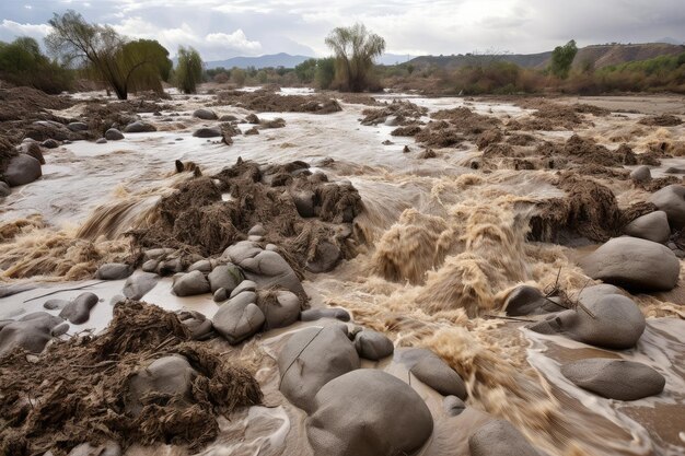 강바닥의 바위와 잔해 위로 돌진하는 돌발 홍수