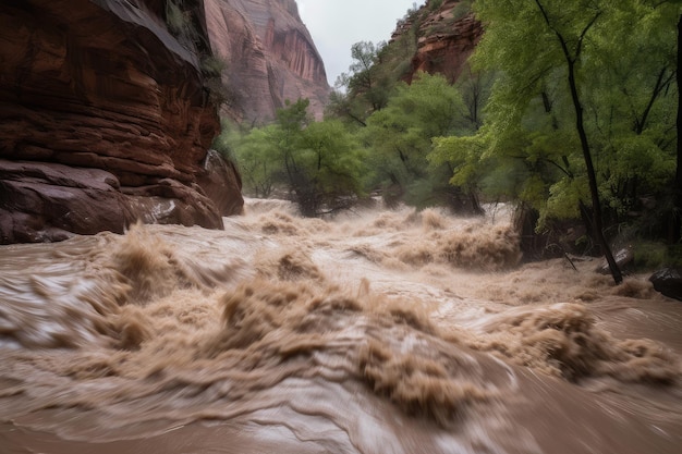 Flash flood rushing through a canyon with the water overflowing its banks