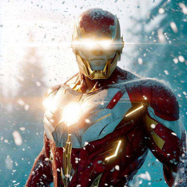 The Flash full body on a white gold and red armor suit on a white snow forest