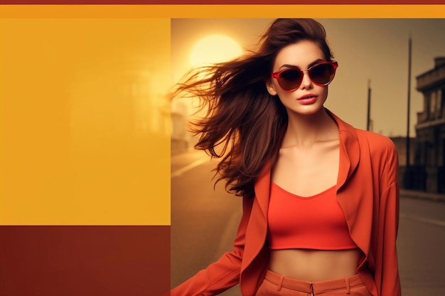 사진 플래시 판매 배너 디자인 템플릿 웹 소녀 의복과 안경에 서 있는 텍스트 c에 대한 장소