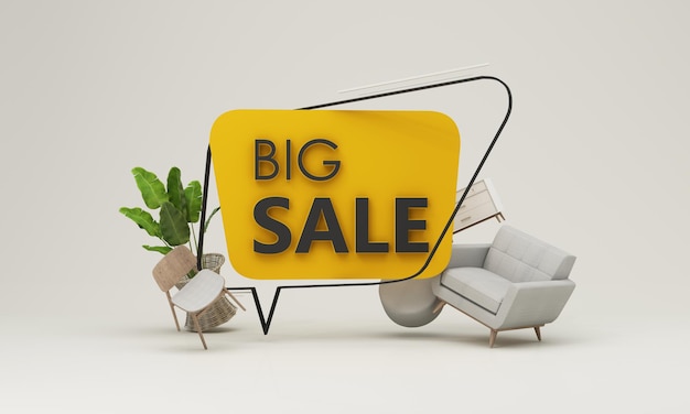 Flash sale banner template special offer discount concept sale
of home decorations and furniture during promotions surrounded by
sofas chairs and advertising spaces pastel background 3d
render