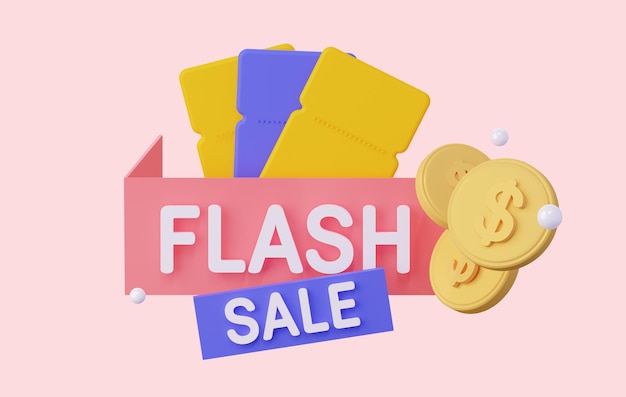 Фото Баннер flash sale с купонами на скидку и монеты 3d-рендеринга