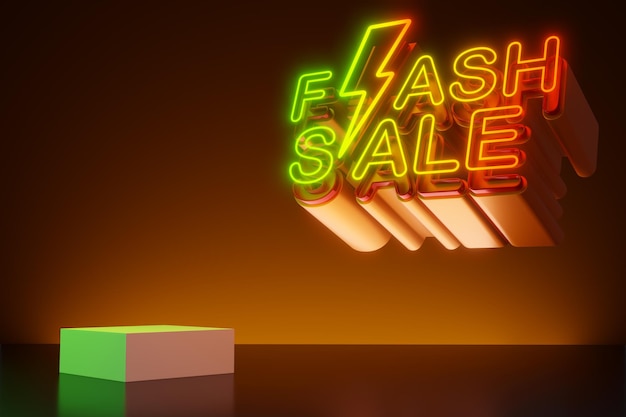 Testo di luce al neon di vendita flash con display vuoto rendering 3d