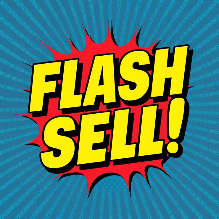 Foto flash verkopen van tekst in comic pop art stijl