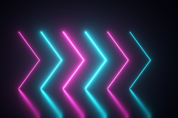 Flashing bright neon arrows light up and go out indicating the direction on the reflective floor. Abstract background, laser show. Ultraviolet neon blue violet light spectrum. 3d illustration