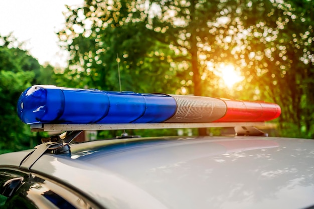 Flashing lights on the police car closeup