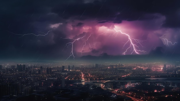 Flashing Lights in a Rainy City Night with Striking Lightning Generative ai