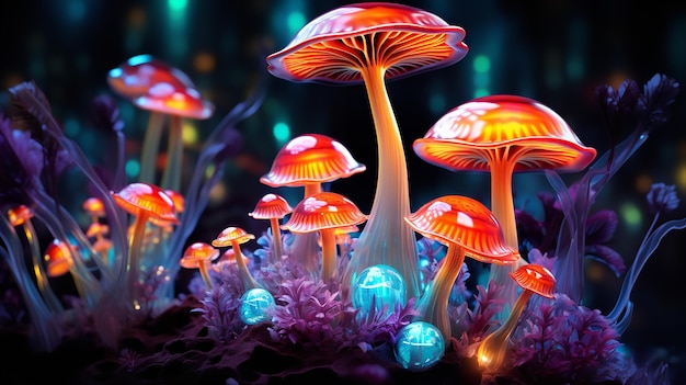 Flashing neon rod landscape of mushrooms generative ai