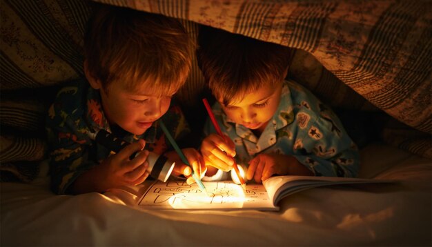 Flashlight blanket and children at night with happiness in dark with drawing in a book friends relax and sketch on notebook with torch or light under duvet at sleepover with a pillow tent