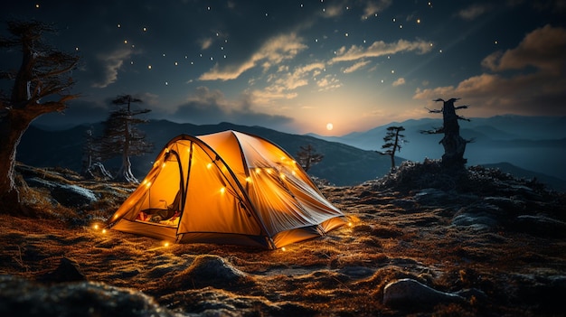 flashlight near yellow tent lighted from the inside against the backdrop of incredible starry sky