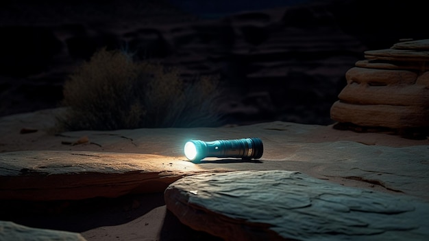 A flashlight on the rocks at night with a dark background