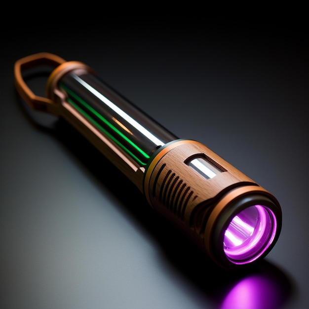 Photo flashlight in wood and neon style industrial design