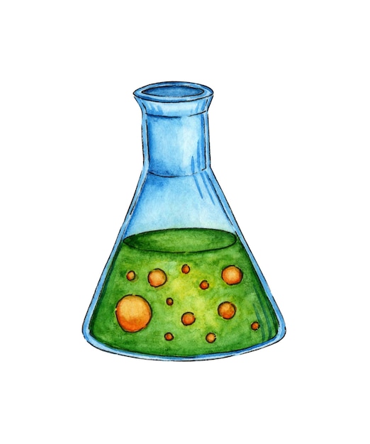 Flask with green liquid watercolor