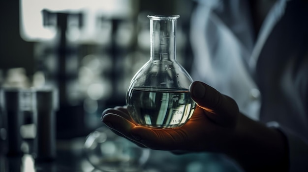 A flask with a liquid in it is being held in a hand.