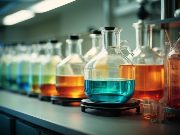 Flasks and vessels of a chemical laboratory soft focus exploration