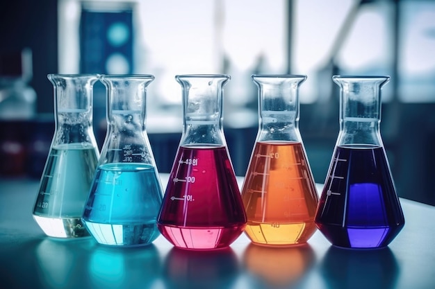 Flasks with colorful reagents in laboratory Laboratory diagnostics Generative AI illustration