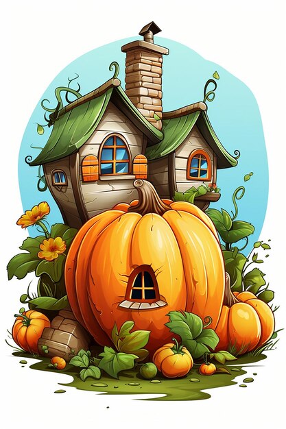 Foto flat 2d cartone animato disegno vettoriale illustrazione di una piccola casa di zucca con foglie di zucca e altri p