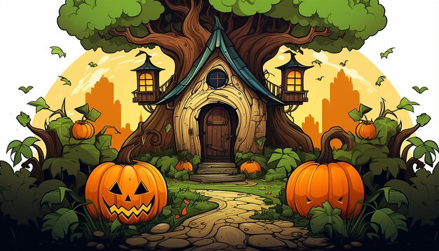 Flat 2d cartoon drawing vector illustration a small pumpkin house with a pumpkin