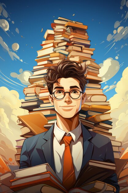 Flat 2D illustration Strong retro librarian