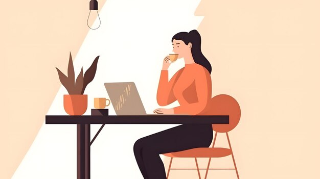 Flat 2d style illustration of successful businesswoman working at table and drinking from a cup neural network generated picture