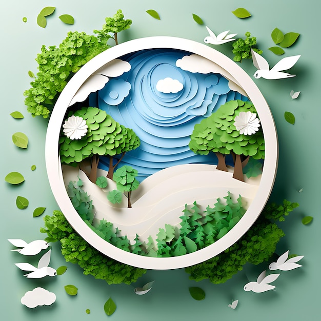 Foto concetto di globo piatto 3d con albero verde e colore blu