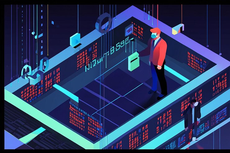 Photo flat 3d isometric businessman going into a digital world and changing to binary code metaverse or virtual reality concept
