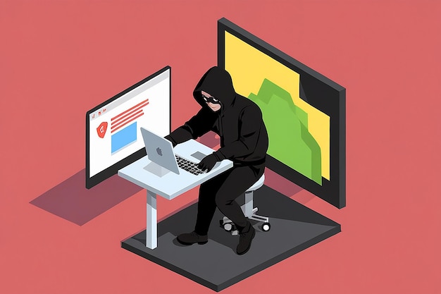 Flat 3D Isometric Hacker of Dief komt uit monitor en steelt map