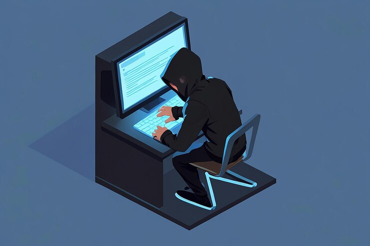 Photo flat 3d isometric hacker or thief come out from monitor and stealing folder