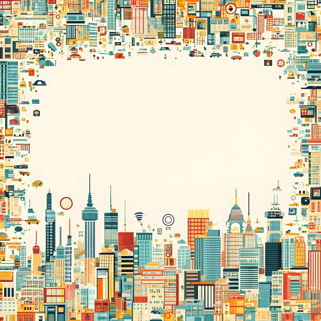 flat ai driven smart city frame concept as a border frame with smart city elements on the left and r