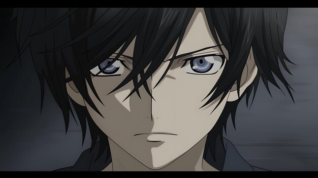 Blue eyes anime boy detailed black - AI Photo Generator - starryai