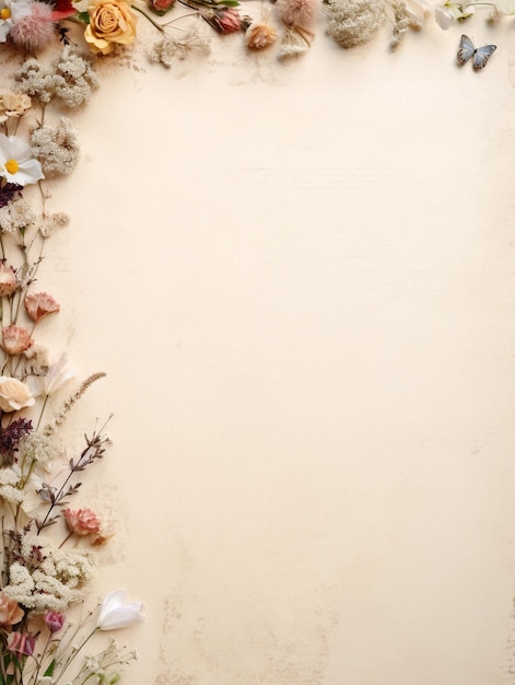 flat background of old white paper with small dried flower decorations on the edge