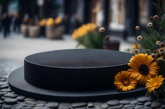 Flat black stone cosmetic podium background with dried daisy in the street hyperrealistic materials