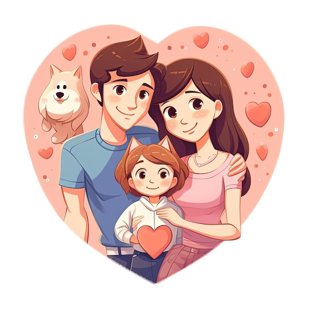 flat cartoon family with puppy and cat holding a heart in the style of pastel academia