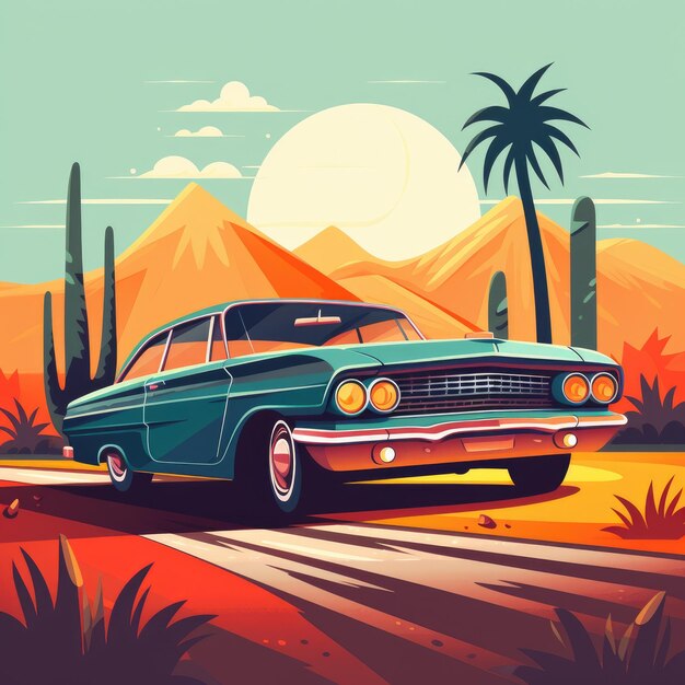 Flat Cartoon Illustration of Car in a Vibrant